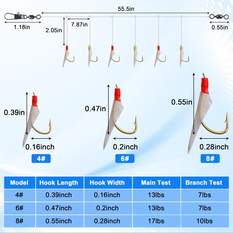 OROOTL Fishing Bait Rigs Saltwater, 6 Packs Surf Fishing Rigs with Sharp Hooks Fish Skin Feather Swivel Snap Glow Saltwater Lures Sea Bass Cod Herring Hook Rig Size 4 6 8 - Image 3